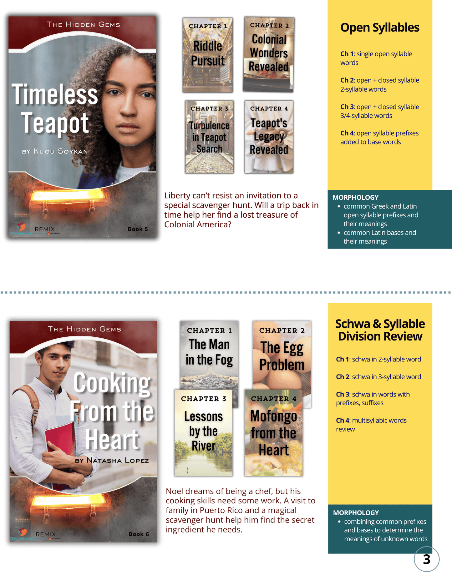 High School Decodables Book Descriptions: Timeless Teapot (Open Syllables) and Cooking From The Heart (Schwa and Syllable Division)