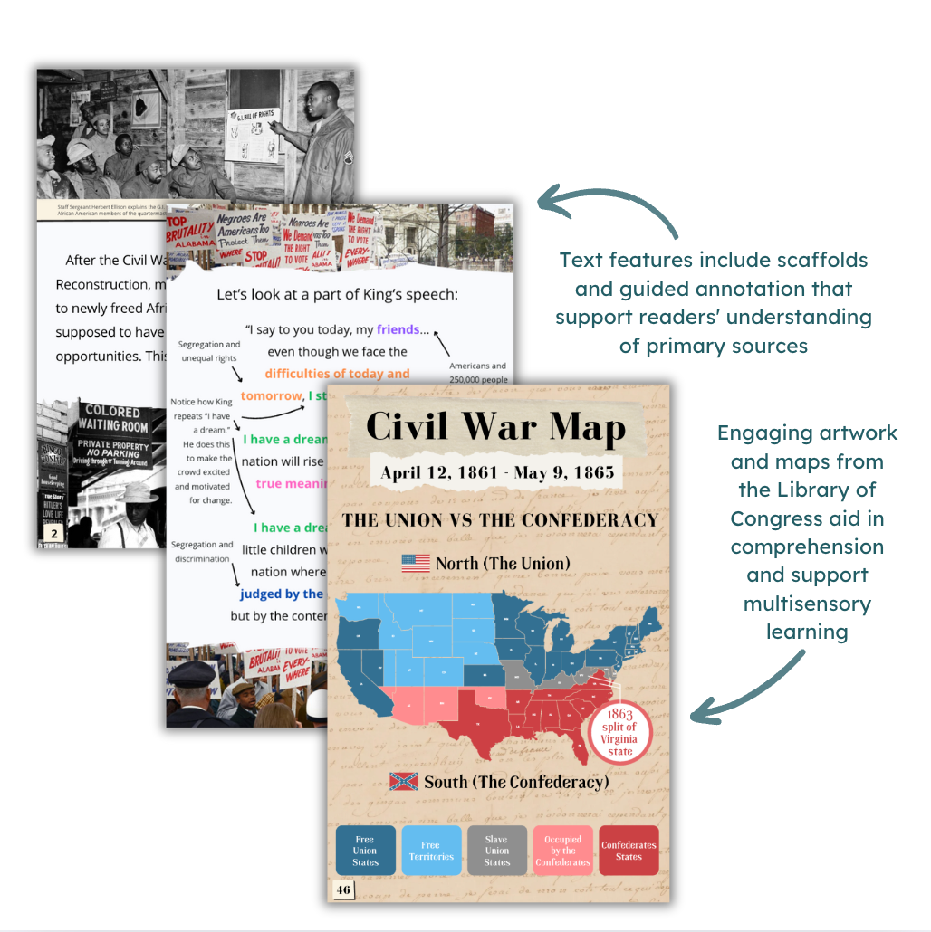Look inside American History high-low book for middle and high school: text features and map