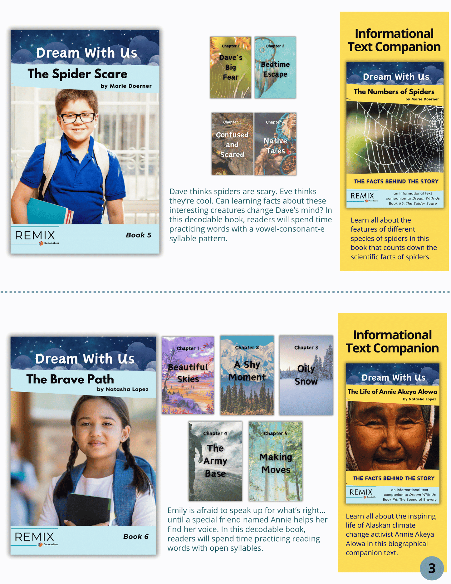 Upper Elementary Decodables book descriptions: The Spider Scare and The Brave Path