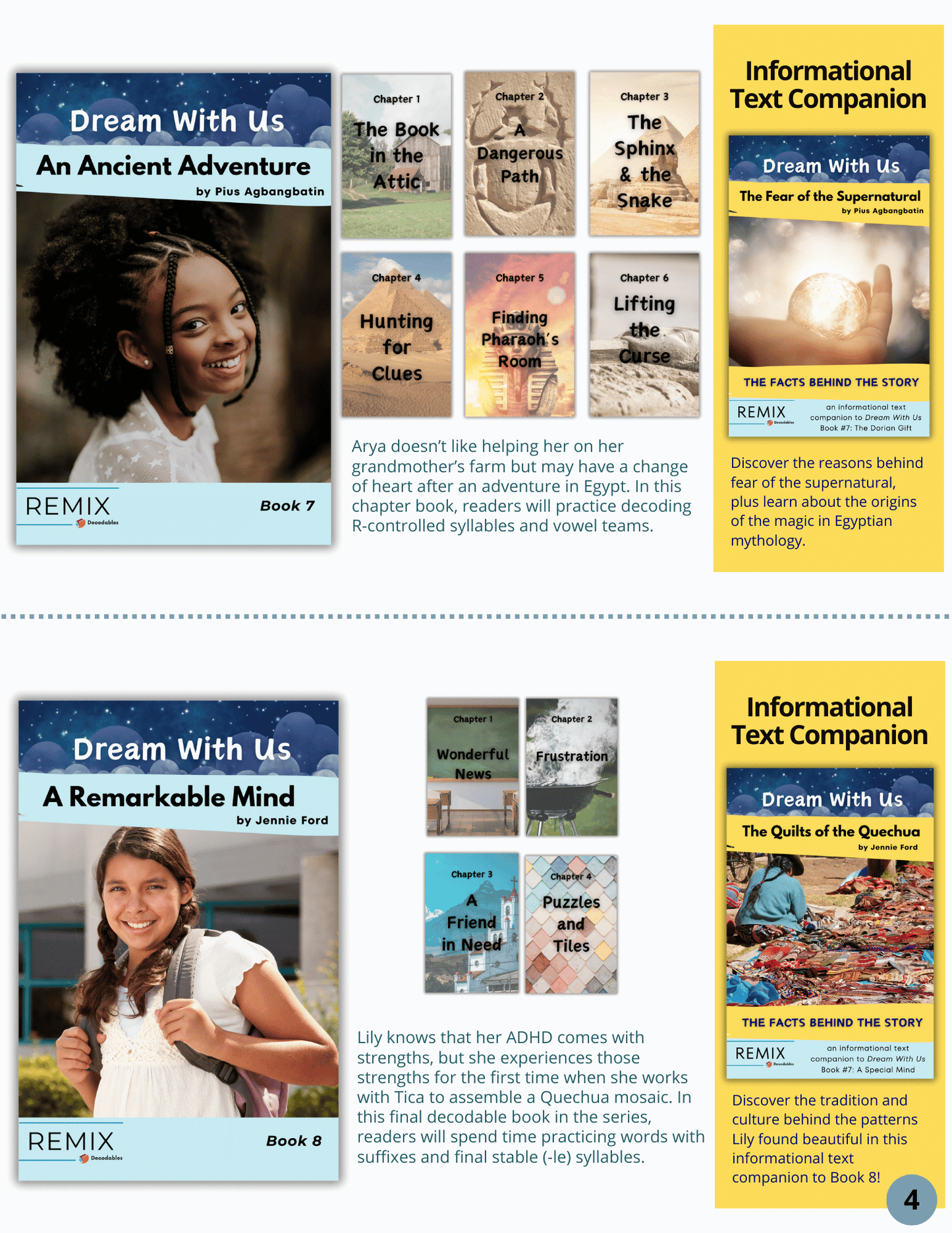 Upper Elementary Decodables book descriptions: An Ancient Adventure and A Remarkable Mind